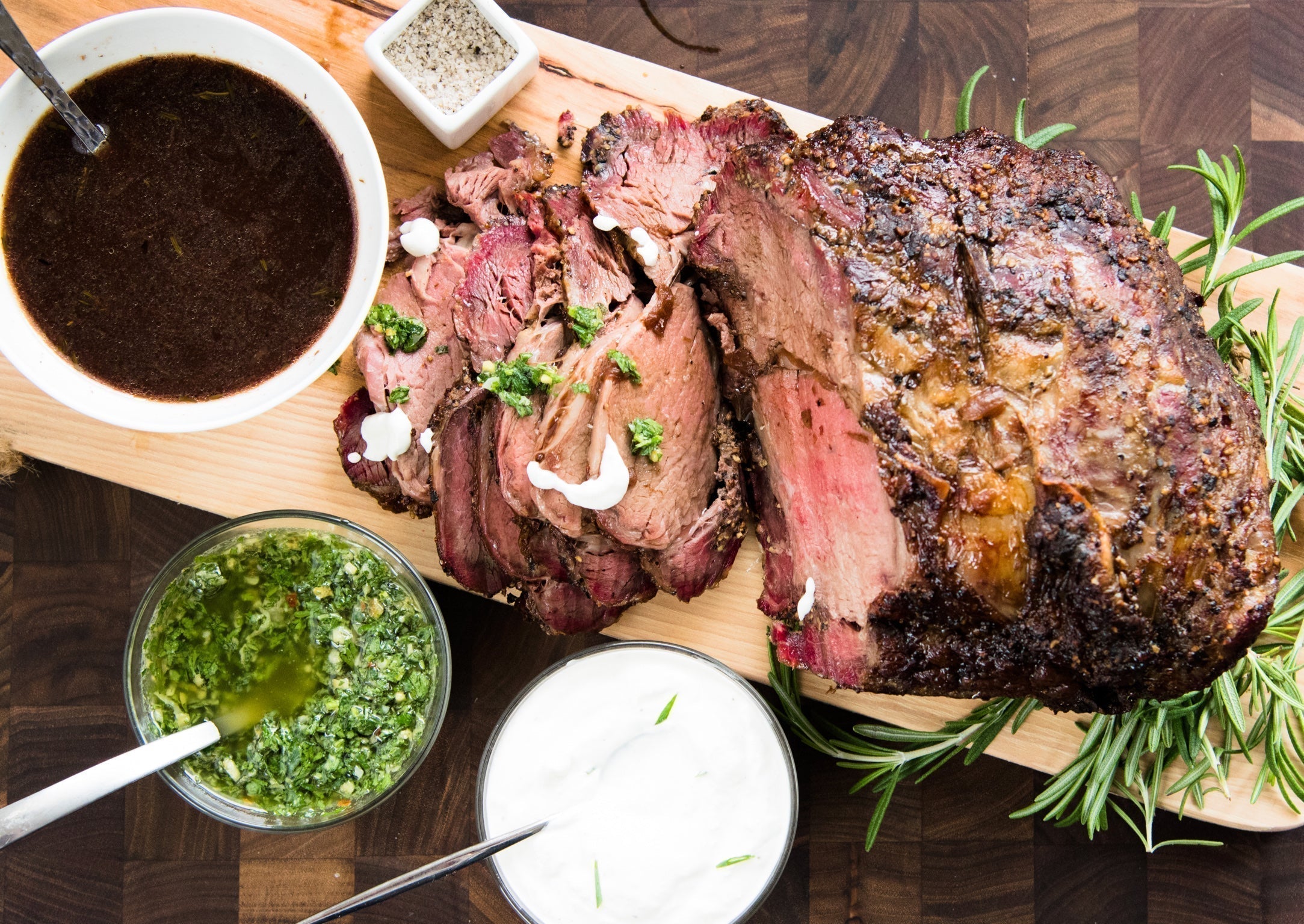 A Smoked Prime Rib with a sauce trio