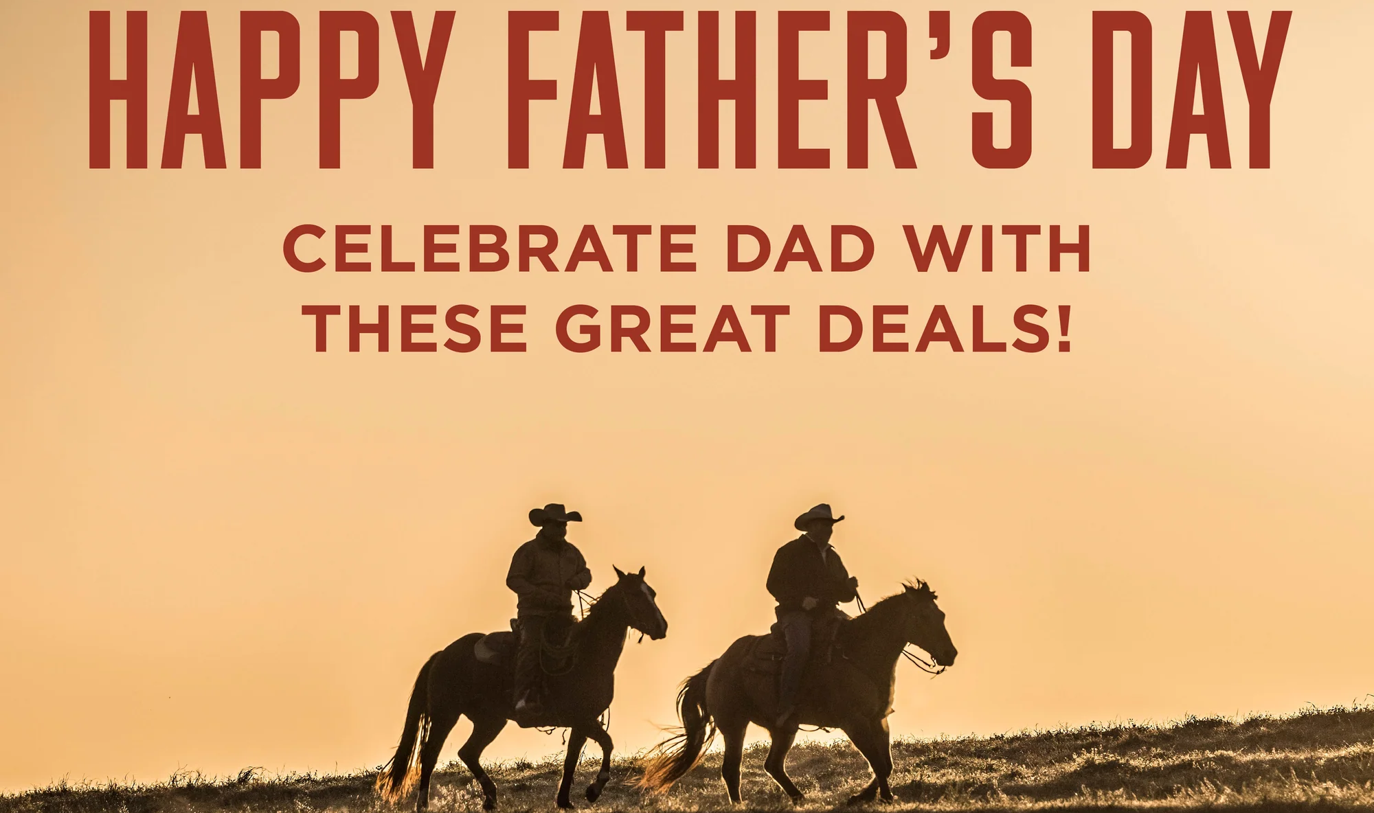 Father's Day steak deals graphic with two cowboys riding on open plain