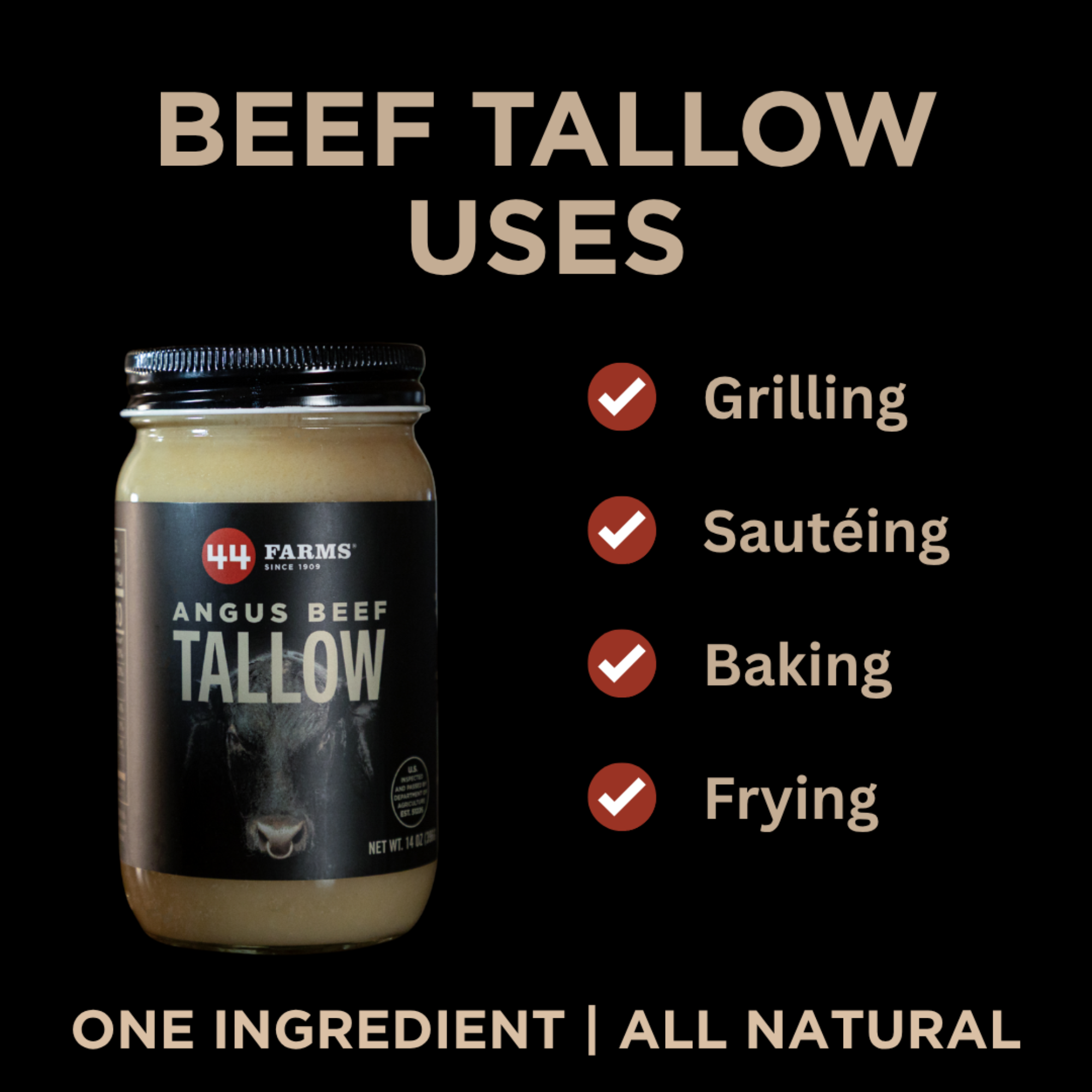44 farms all natural angus beef tallow 14 oz jar with graphic for different uses