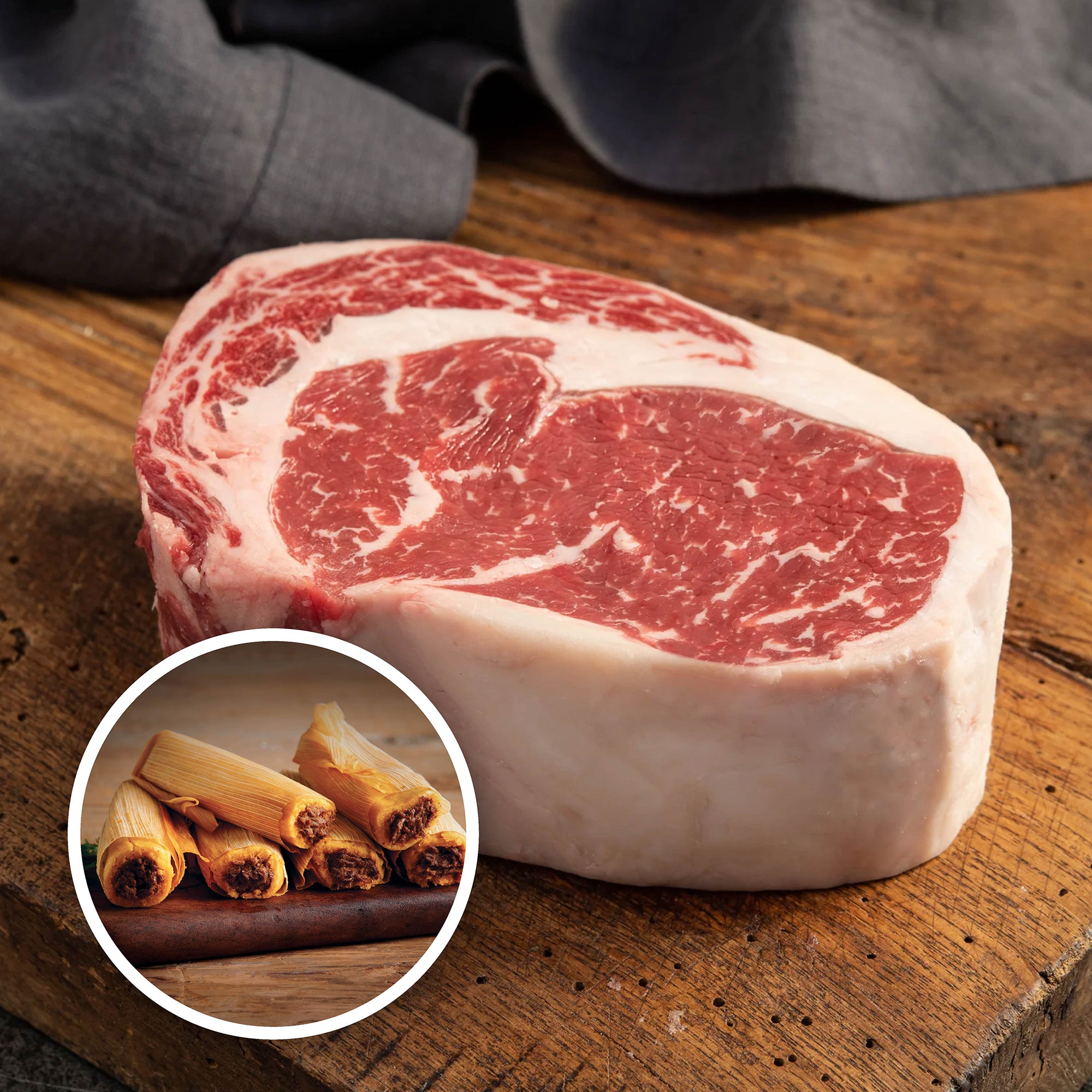 Buy 4 Prime Boneless Ribeye get 1 Package of Tamales FREE!