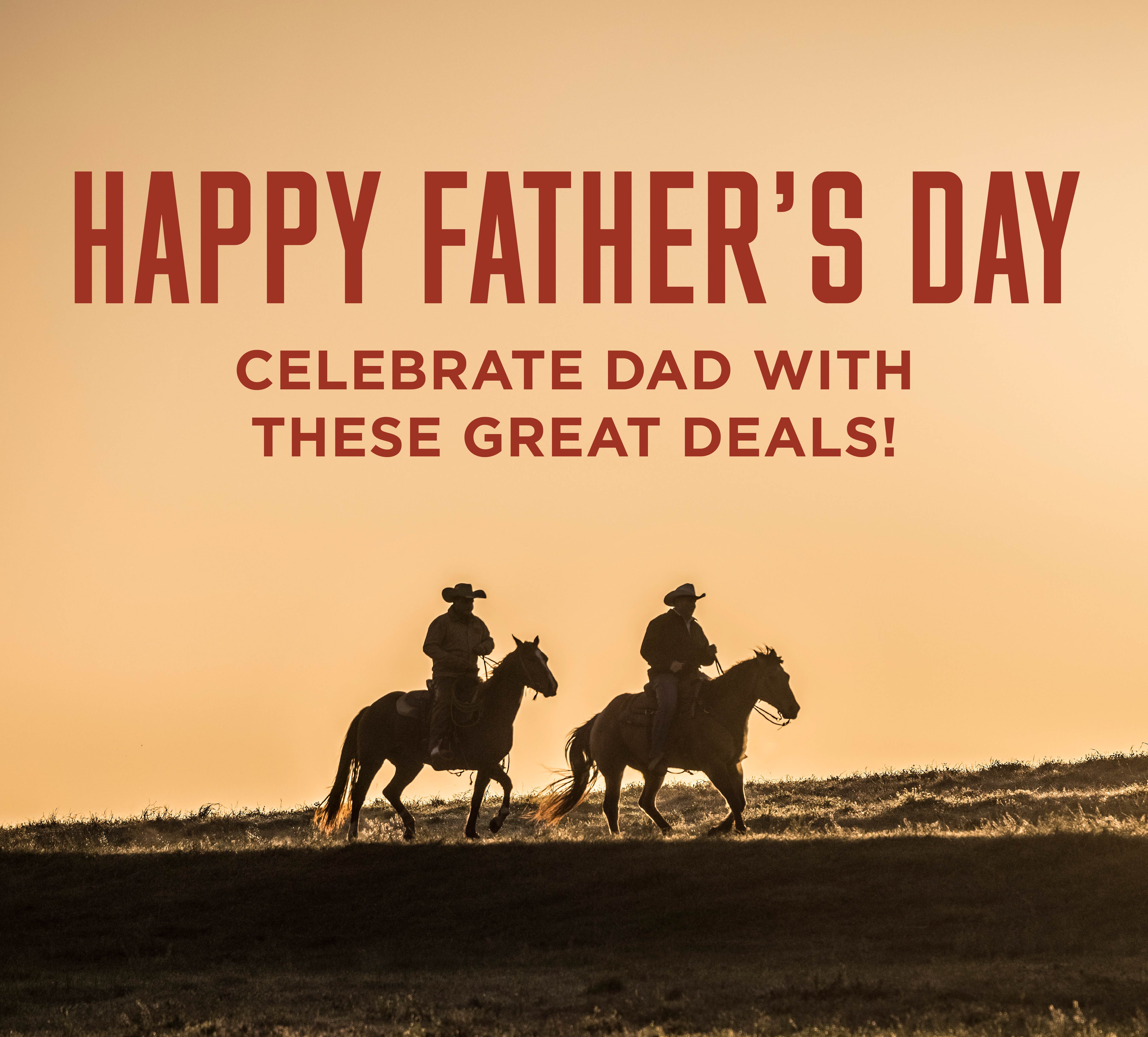 Father's Day steak deals graphic with two cowboys riding on open plain