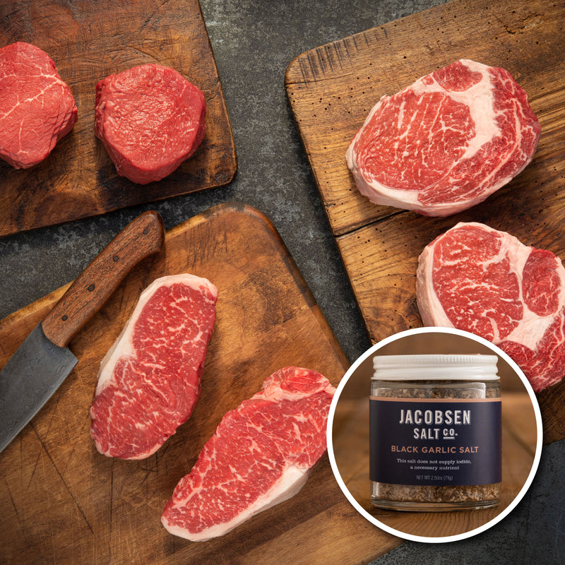 Buy a 44 Farms USDA PRIME Family Steak Pack get a FREE Black Garlic Salt