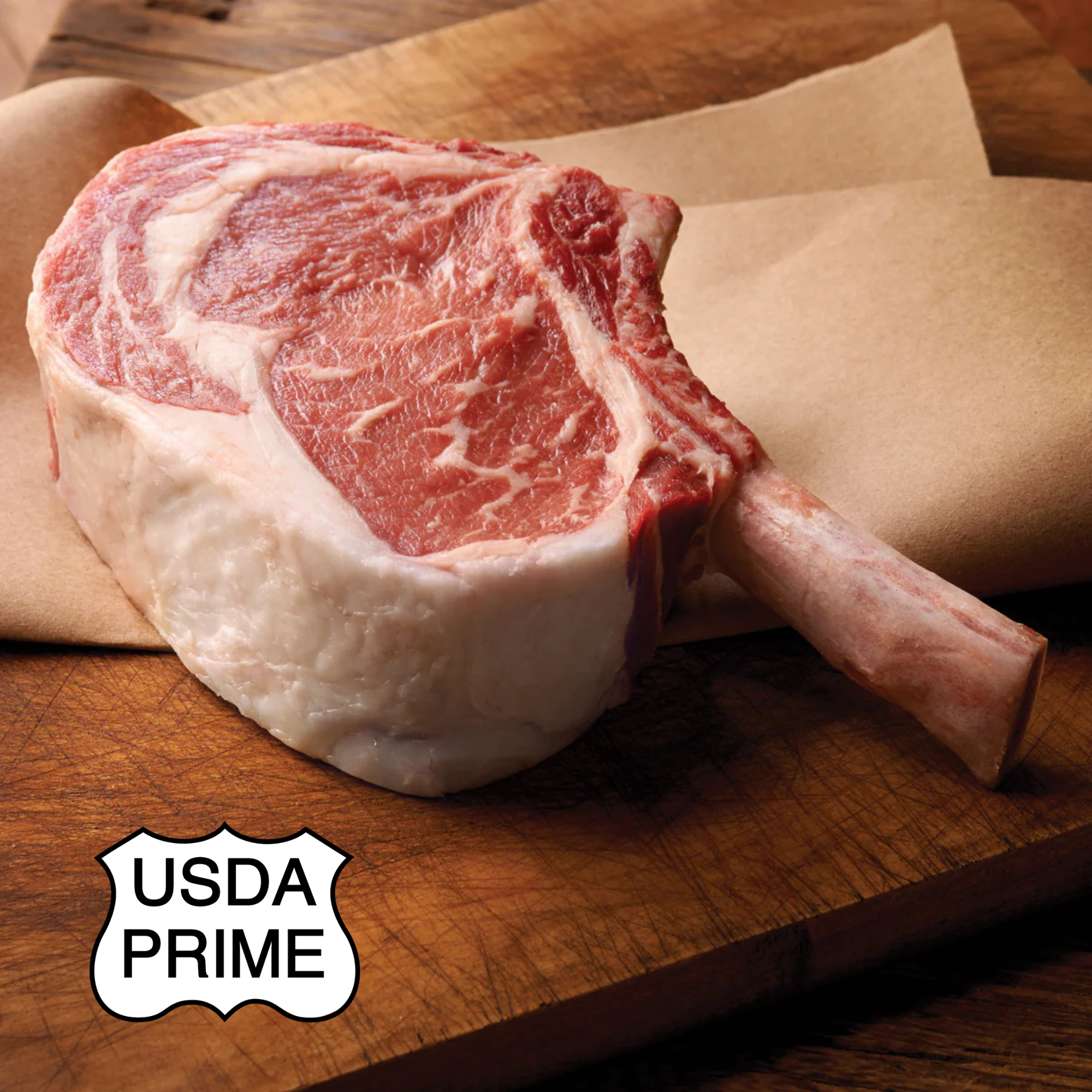 24 oz USDA Prime Black Angus Bone-In Ribeye (Cowboy Ribeye) from 44 Farms with abundant marbling, perfect for grilling or reverse searing