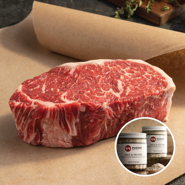 44 Farms BUY 8 x Choice New York Strips and receive a FREE Salt & Pepper Blend