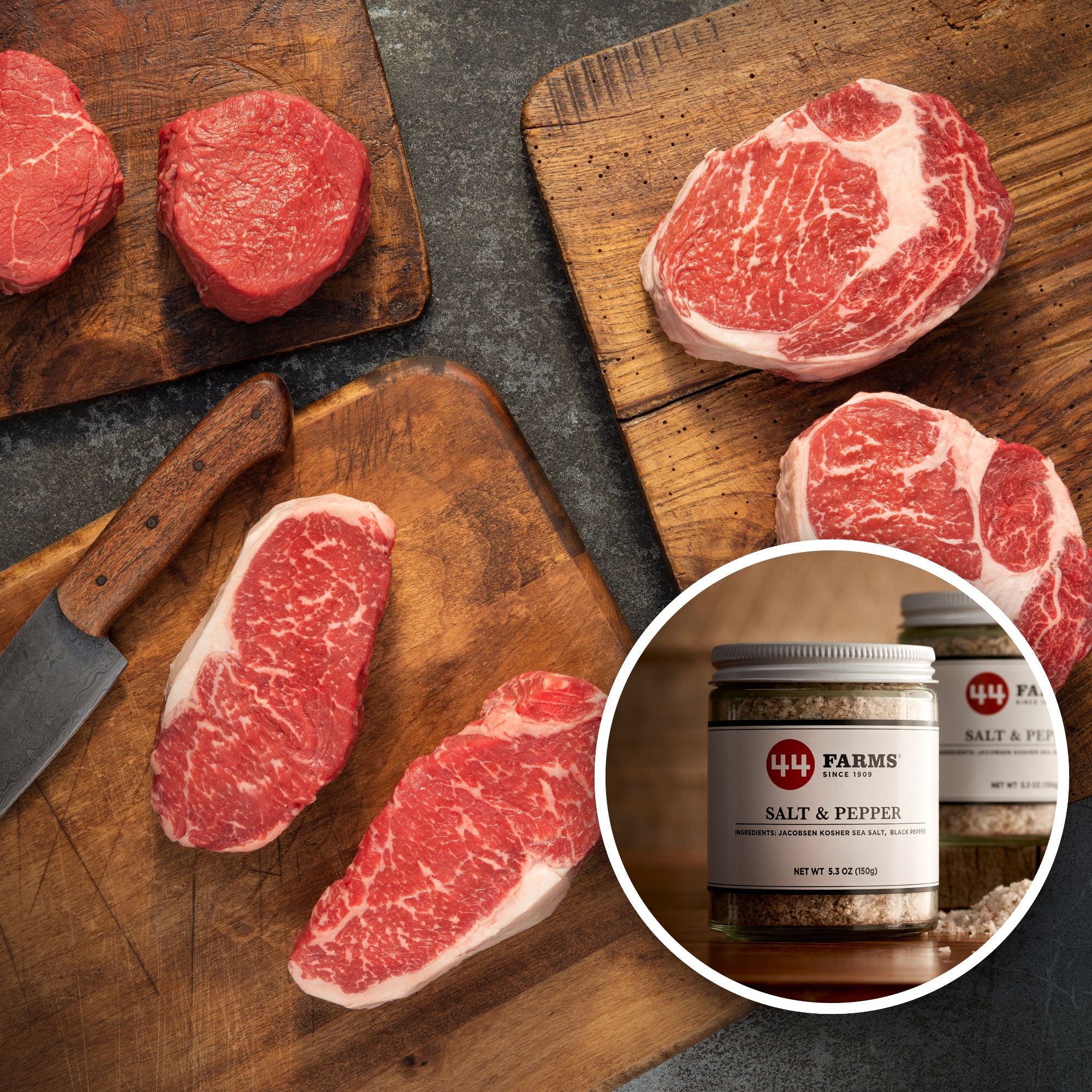 USDA Choice Family Steak Pack with free Black Pepper Infused Salt and free Angus Beef Tallow featuring Black Angus Ribeyes, New York Strips, and Top Sirloins from 44 Farms